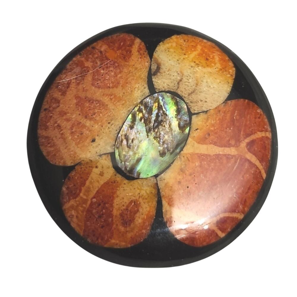 Vtg  Round Petrified Coral Abalone  Resin Flower Pin Brooch